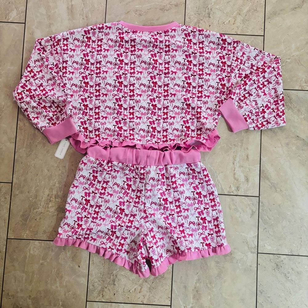 Simply Southern Pink White Bow Print Ruffle Pajama Lounge Set Women Large NEW - Picture 7 of 7